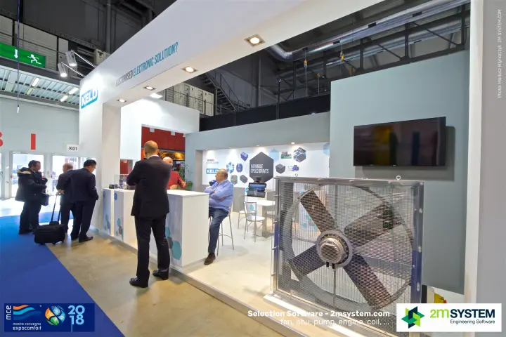 Keld stand with a large axial fan in a guarded frame