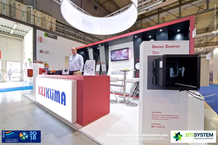 Kesklima DDC smoke damper on display beside the illuminated counter at MCE 2018