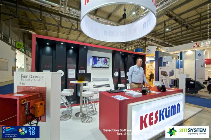 Kesklima stand with a fire damper display and a wall of diffusers and grilles at MCE 2018