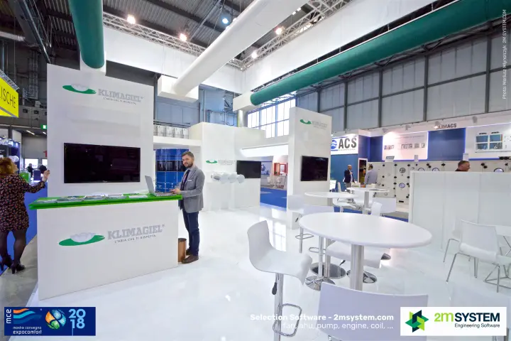 Klimagiel stand with green and white textile ducts overhead