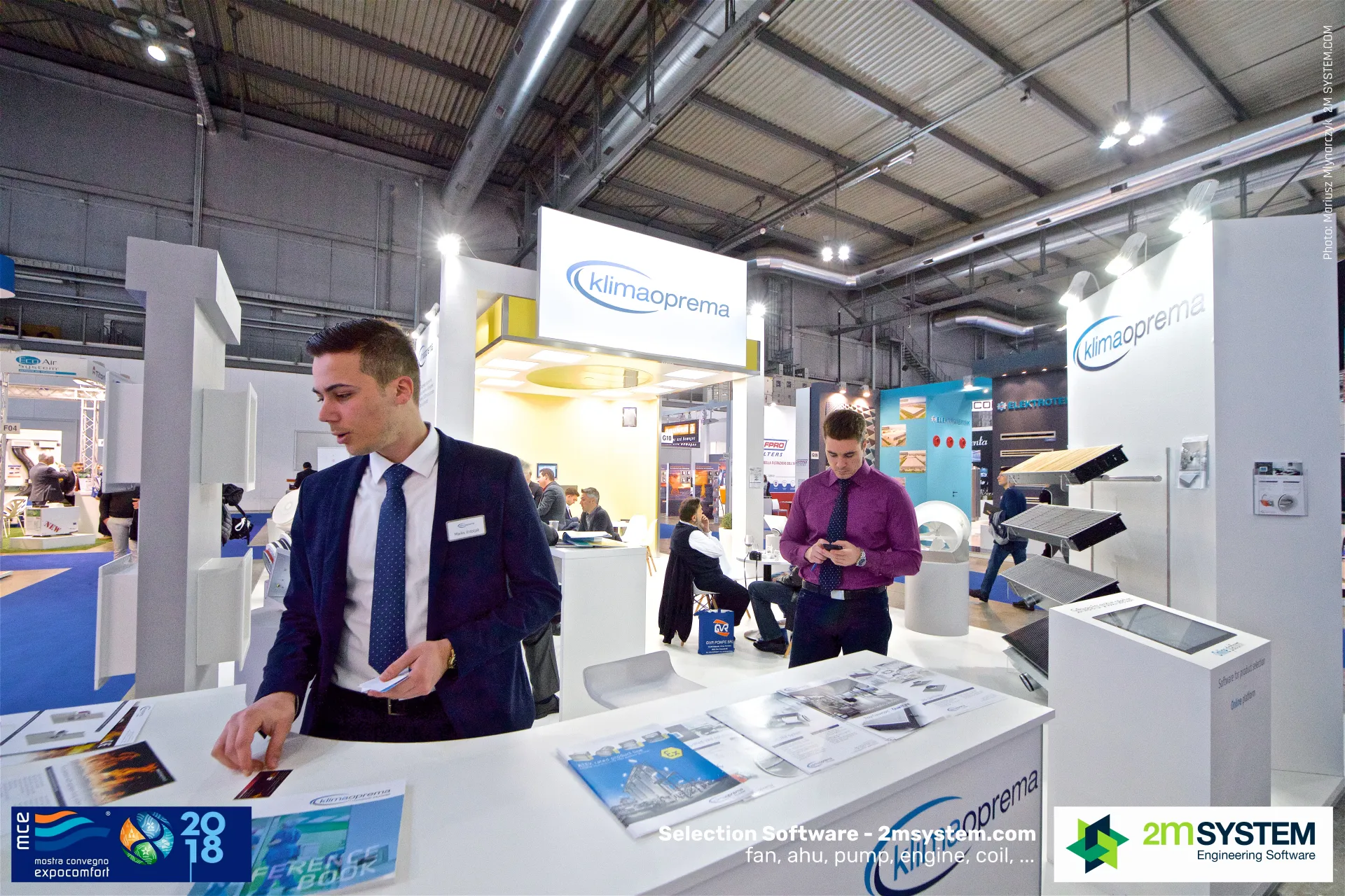 Klimaoprema reception counter with brochures and a product selection touchscreen at MCE 2018