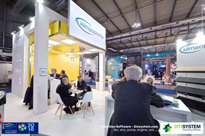 Klimaoprema stand viewed from the corner with floor grilles on the right