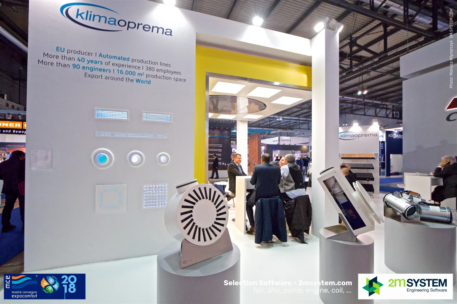 Klimaoprema wall of illuminated grilles and round diffusers with company facts at MCE 2018