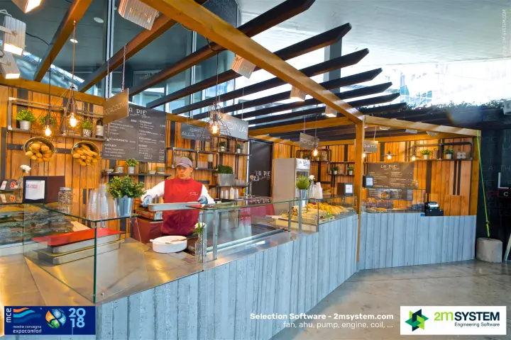 La Pie' food counter with wooden pergola serving visitors at the fair at MCE 2018