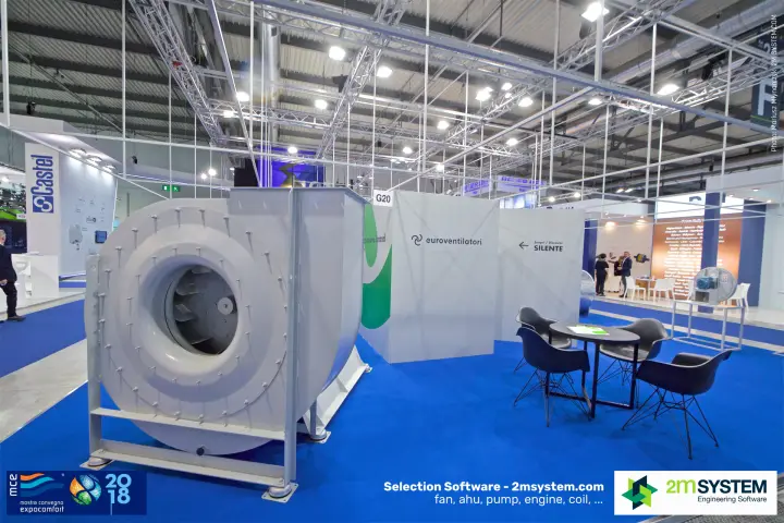 Large white centrifugal fan and 'Discover SILENTE' sign at Euroventilatori at MCE 2018