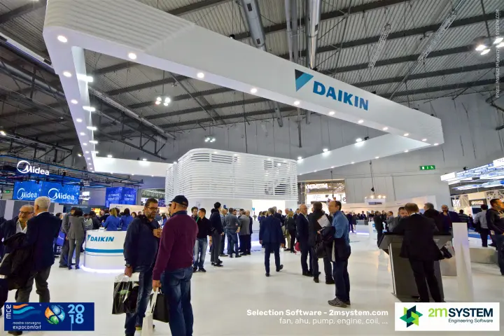 Large white Daikin island stand with curved overhead frame at MCE 2018