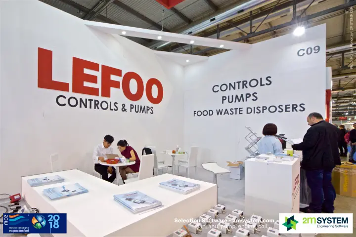 Lefoo stand with control samples and pump brochures at MCE 2018
