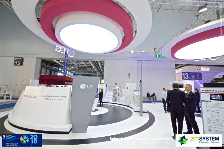 LG DUAL COOL plinth and Multi V info panel at the stand edge at MCE 2018