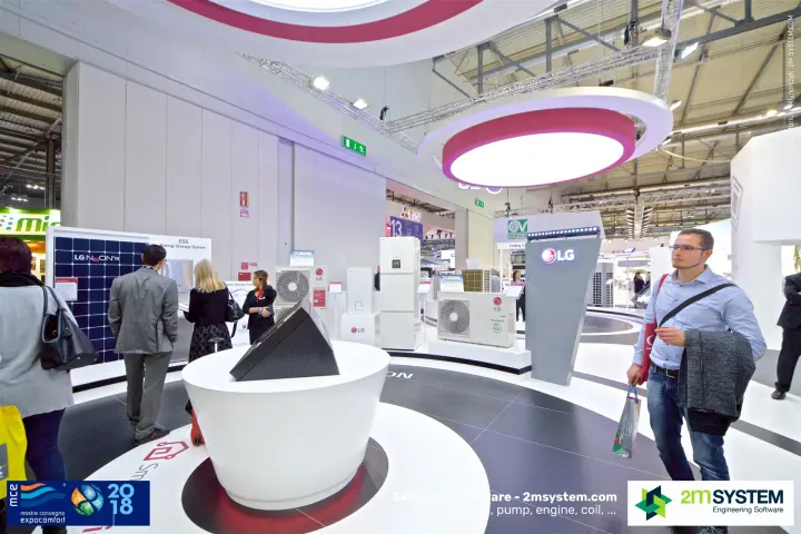 LG heat pump outdoor units around the stand's central kiosk at MCE 2018
