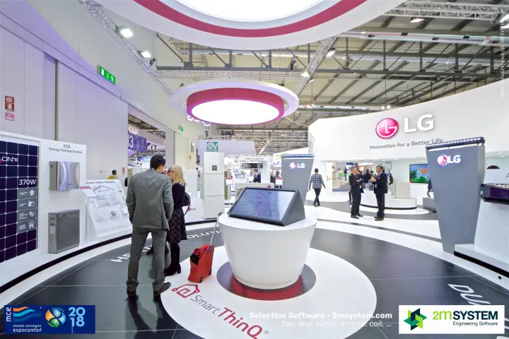 LG SmartThinQ touchscreen table under a magenta ceiling ring at MCE 2018