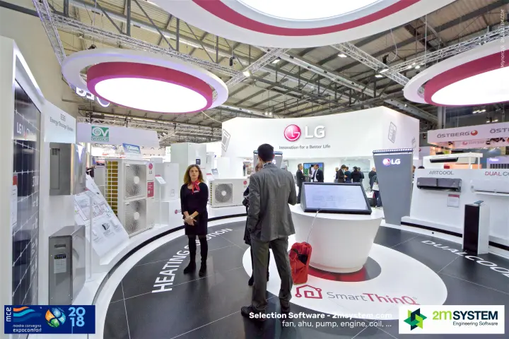 LG stand with SmartThinQ kiosk and 'HEATING SOLUTION' display ring at MCE 2018