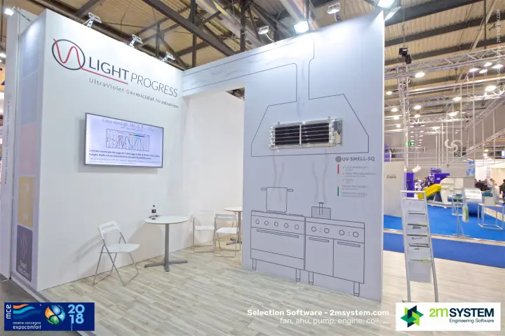 Light Progress UV germicidal module mounted in a kitchen hood graphic at MCE 2018