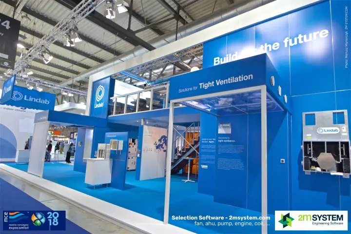 Lindab 'Solutions for Tight Ventilation' area on the double-deck stand at MCE 2018