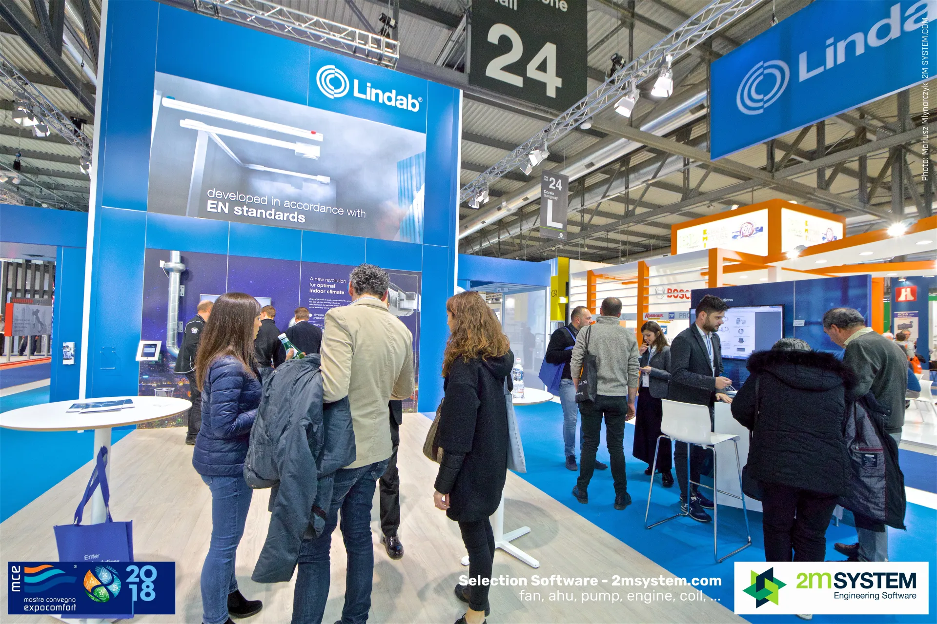 Lindab stand with duct graphics and 'developed in accordance with EN standards' at MCE 2018