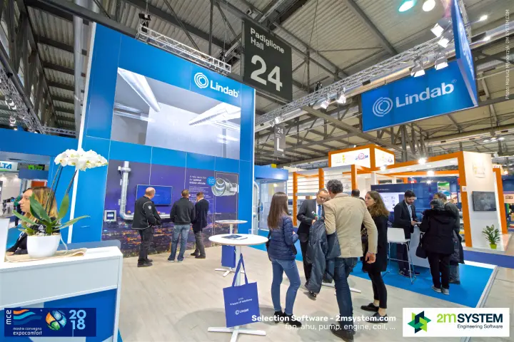 Lindab tower with ventilation duct imagery under the hall 24 sign at MCE 2018