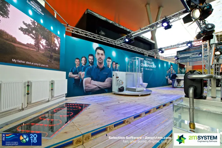 Lit underfloor heating loop and radiator wall at the Grundfos stage at MCE 2018