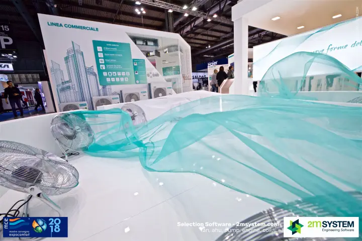 Low view across Hisense fans and fabric towards commercial AC units at MCE 2018