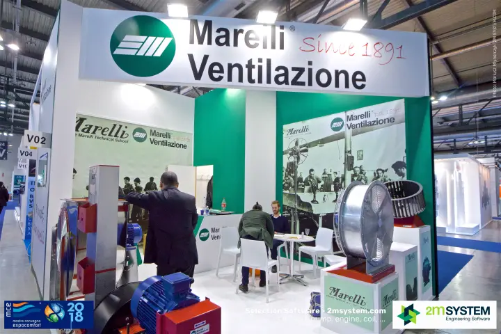 Marelli Ventilazione stand with fans and archive factory photos