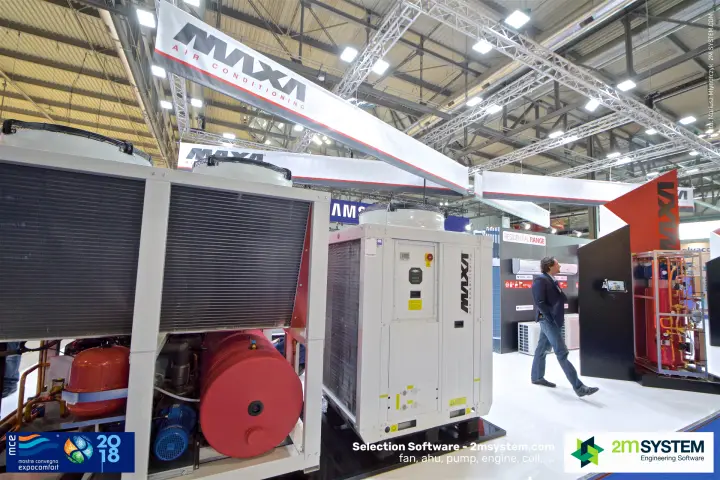 Maxa chiller with open hydronic module showing red tanks and pump at MCE 2018