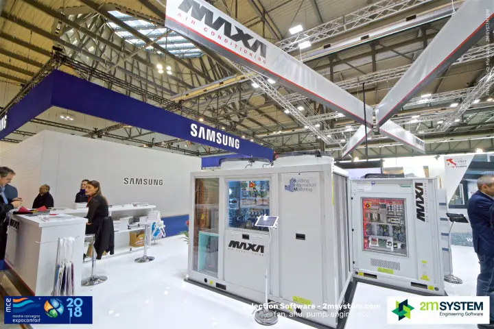 Maxa chillers with glazed electrical panels and Building Information Modeling sign at MCE 2018