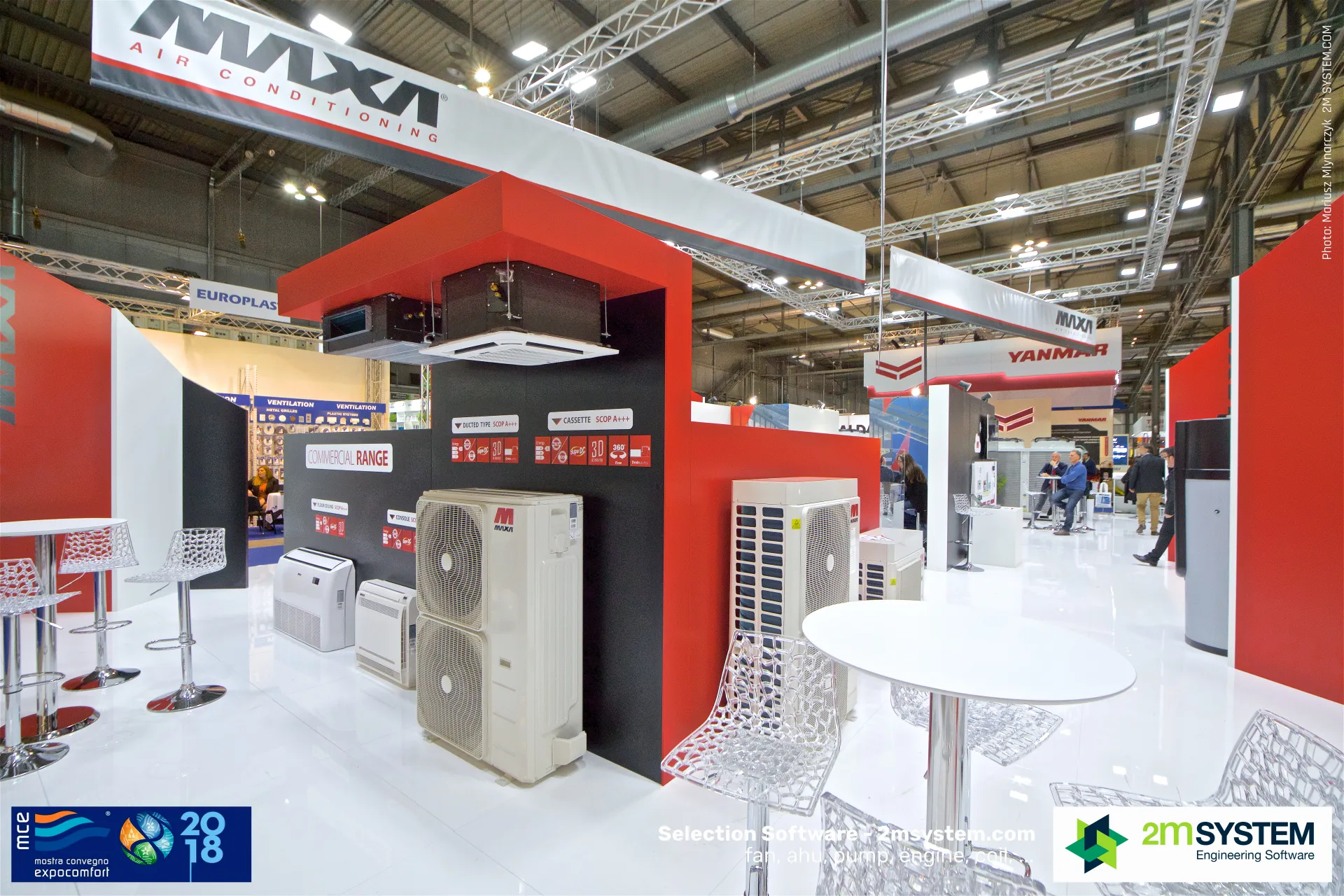 Maxa ducted and cassette units in a red canopy above outdoor units at MCE 2018