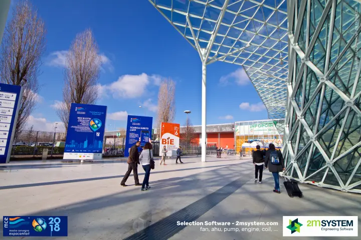 MCE signage totems 'Scarica subito l'app' and BIE expo board by the canopy at MCE 2018