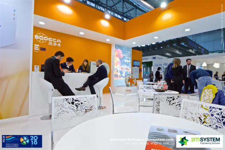 Meeting counter on the Sodeca stand next to the jet fan panel at MCE 2018