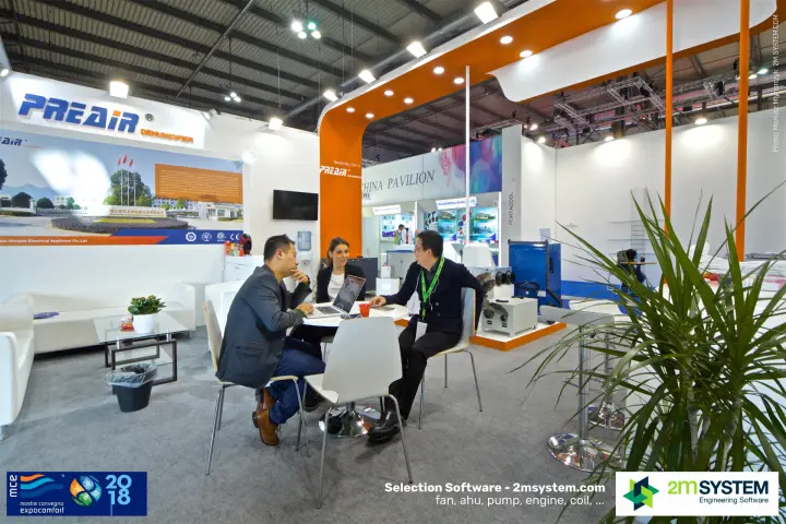 Meeting table and sofa lounge at the Preair dehumidifier stand at MCE 2018