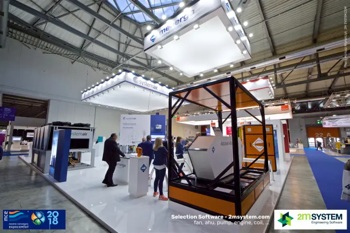 Menerga and Systemair stand with Adconair Adiabatic unit in orange frame