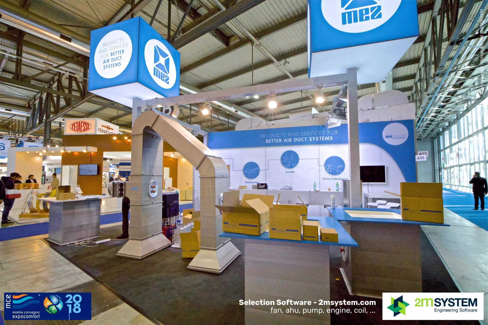 MEZ stand with a ductwork arch and boxed duct components at MCE 2018
