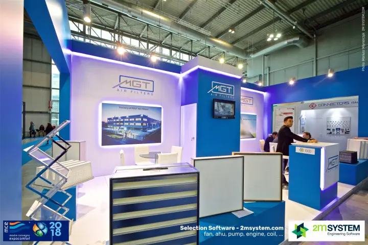 MGT Air Filters stand with panel and compact filters and factory photo wall