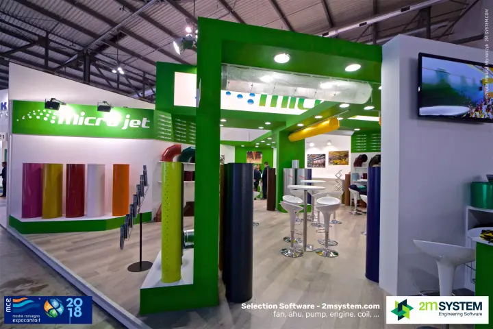 Micro Jet stand with coloured perforated air distribution ducts at MCE 2018