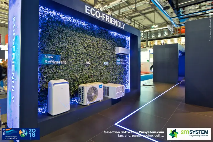 Midea Eco-Friendly display of R32 and R290 air conditioners on a green wall at MCE 2018