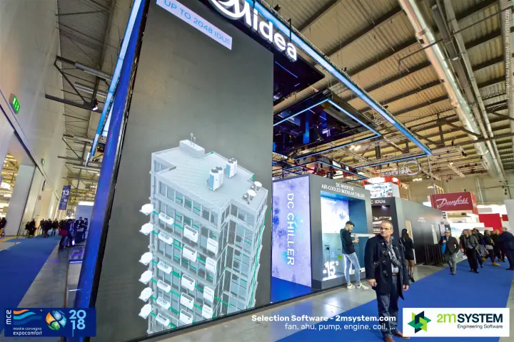 Midea LED wall with VRF building graphic and DC chiller display at MCE 2018