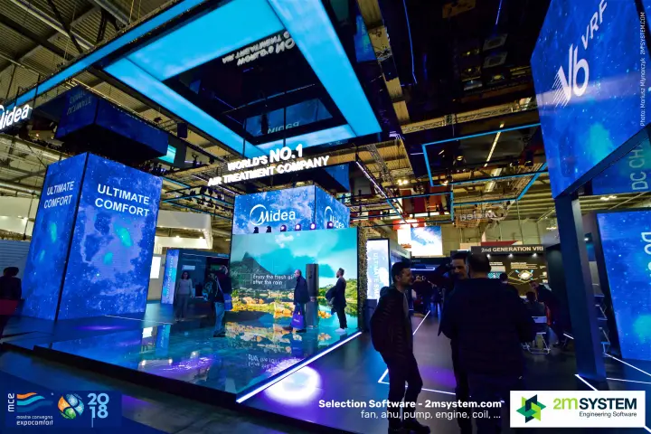 Midea stand with Ultimate Comfort LED columns and V6 VRF screen at MCE 2018