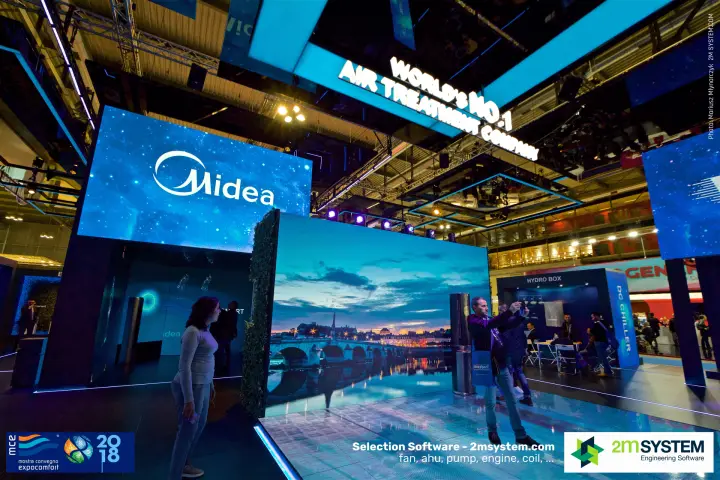 Midea video wall with river scene and Hydro Box and DC Chiller zones at MCE 2018