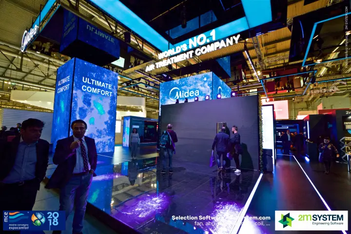 Midea WORLD'S NO.1 sign above LED cubes and floor-standing unit at MCE 2018