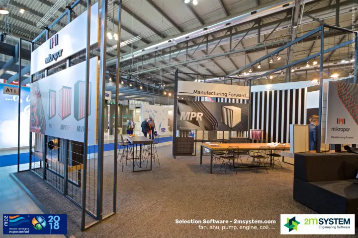 Mikropor bag filter graphics for MV and MVX ranges on a steel mesh frame at MCE 2018