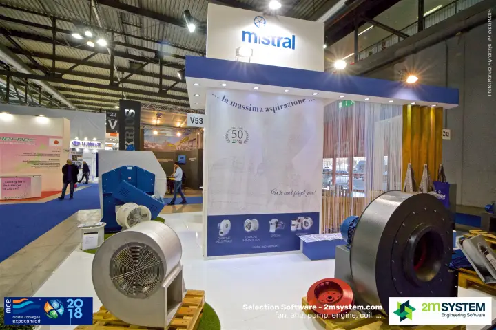 Mistral stand marking 50 years with centrifugal fans on wooden pallets