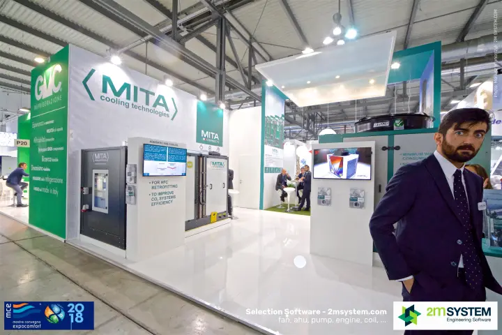MITA adiabatic sub cooler display with staff at the stand edge at MCE 2018