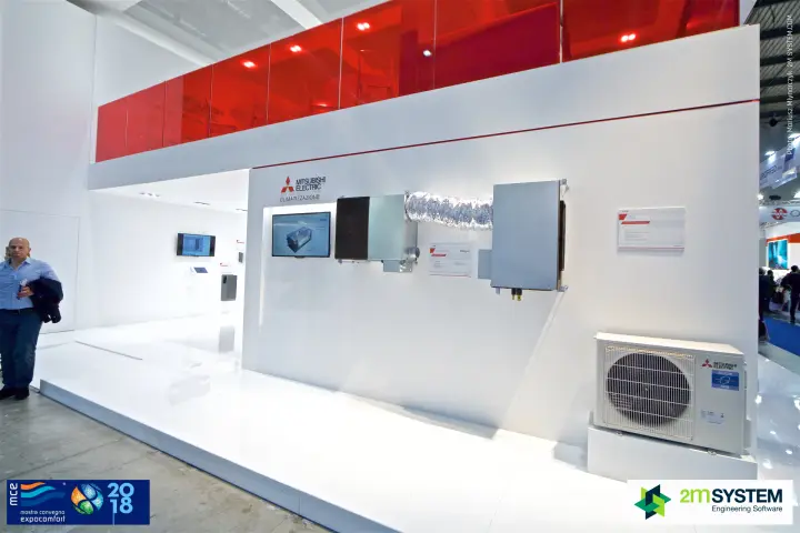 Mitsubishi Electric ducted unit and outdoor unit under the red glass deck