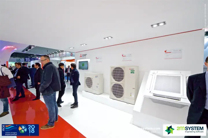 Mitsubishi Electric outdoor units and a ceiling cassette beside a red floor path at MCE 2018