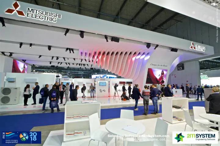 Mitsubishi Electric stand with sculpted ribbed canopy and LED screens at MCE 2018