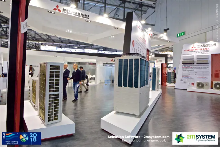 Mitsubishi Heavy Industries VRF outdoor units on white plinths at MCE 2018