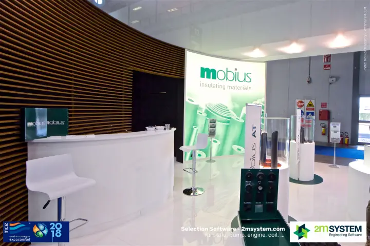 Mobius reception counter with sample board of insulation types at MCE 2018