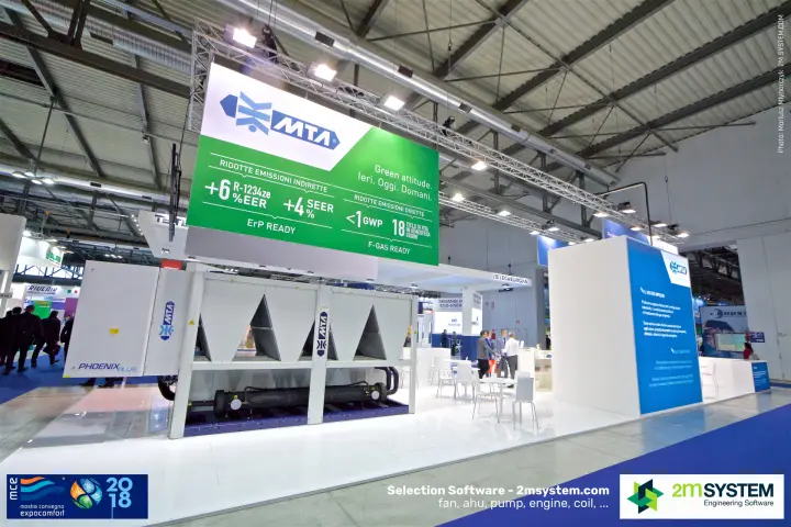 MTA Phoenix Plus chiller below a green F-gas ready hanging banner at MCE 2018