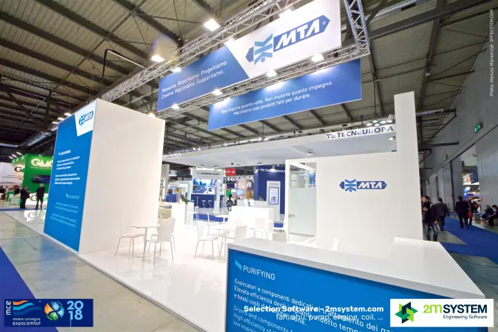 MTA stand with 'Pensiamo. Ricerchiamo. Progettiamo.' banner at MCE 2018