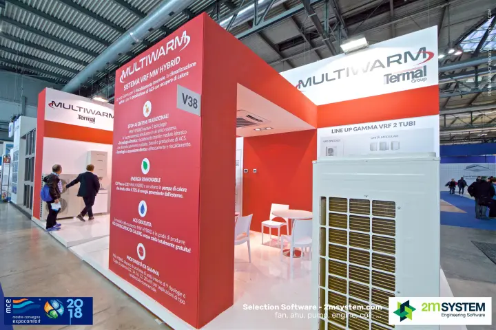 Multiwarm stand V38 with 'Sistema VRF MW Hybrid' column and VRF outdoor unit at MCE 2018