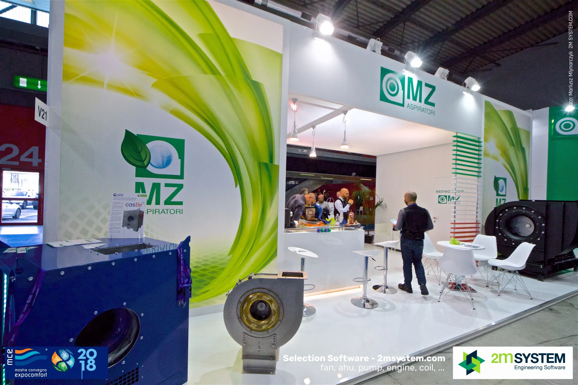 MZ Aspiratori stand entrance with stainless centrifugal fan and Cimi box unit at MCE 2018