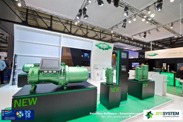 New Bitzer screw compressor in front of the stand's white wall at MCE 2018